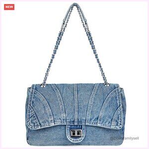 Large Denim Tote Bag with Chain Strap, Crossbody Shoulder Purse